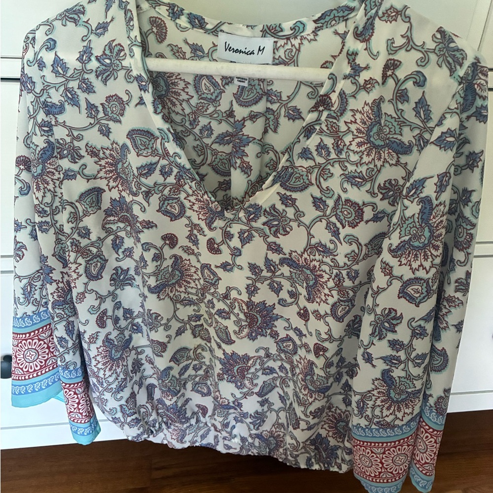 Veronica M Cream Paisley V-Neck Tunic with Blue and Brown Accents